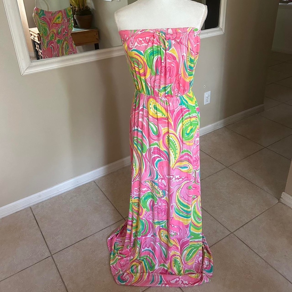 Lilly Pulitzer Pink and Green Strapless Maxi Dress